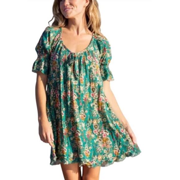 Natural Life Womens Sienna Floral Boho Mini Dress Sz M Puff Sleeve Cotton Gauze - Picture 3 of 11